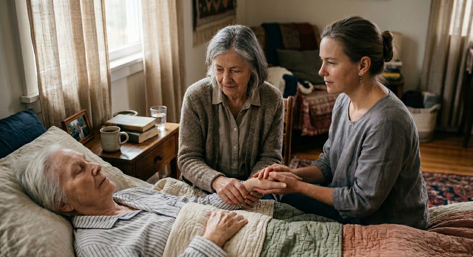 An end-of-life doula sitting with a family member, holding hands at a loved one's bedside